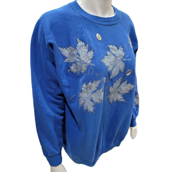 Hanes Her Way Blue Sequin Ugly Sweater Sz XL Holiday Kitschy Leaves Snowflakes - Picture 1 of 10